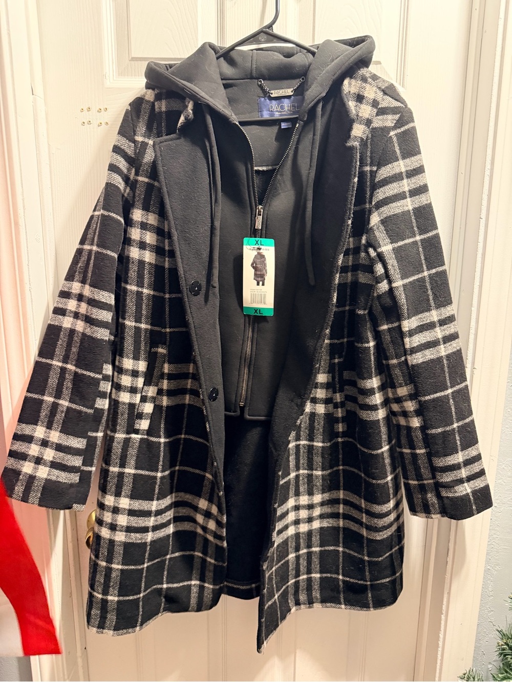 RACHEL Rachel Roy Black & White Plaid Hooded Pea Coat